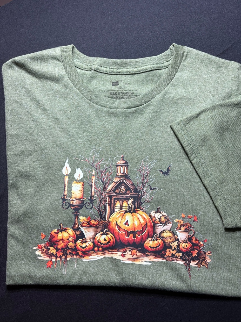 Hanes Olive Green Halloween Pumpkin Lantern Tee